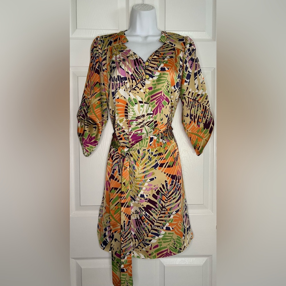 Jade Melody Tam Women’s Colorful Leaf Print 3/4 Sleeve Tie-Waist Dress L